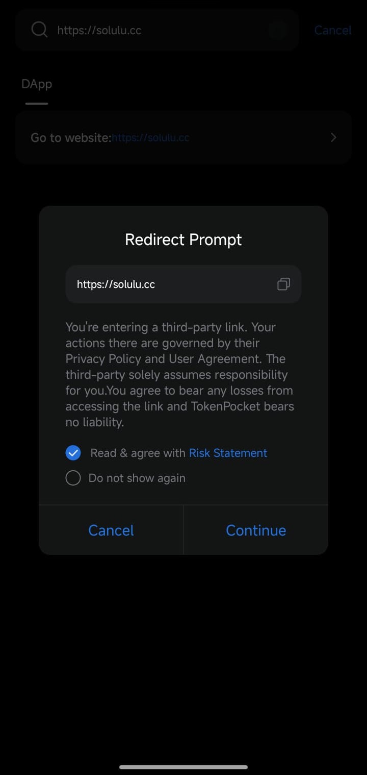 Message de redirection TokenPocket vers solulu.cc